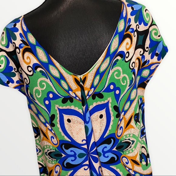Maeve Sheath Dress Medium Blue Green Tan Print Pullover V-neck Sleeveless - Picture 7 of 7